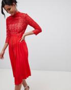 Little Mistress 3/4 Sleeve Lace Top Pleated Midi Dress - Red