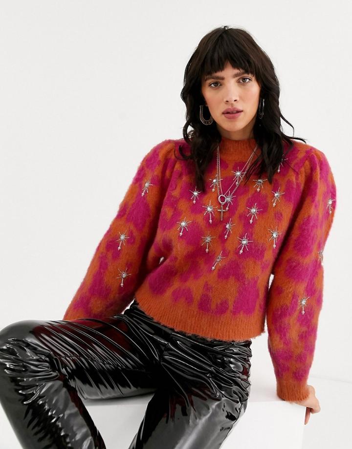 Asos Design Premium Embellsihed Animal Sweater-multi
