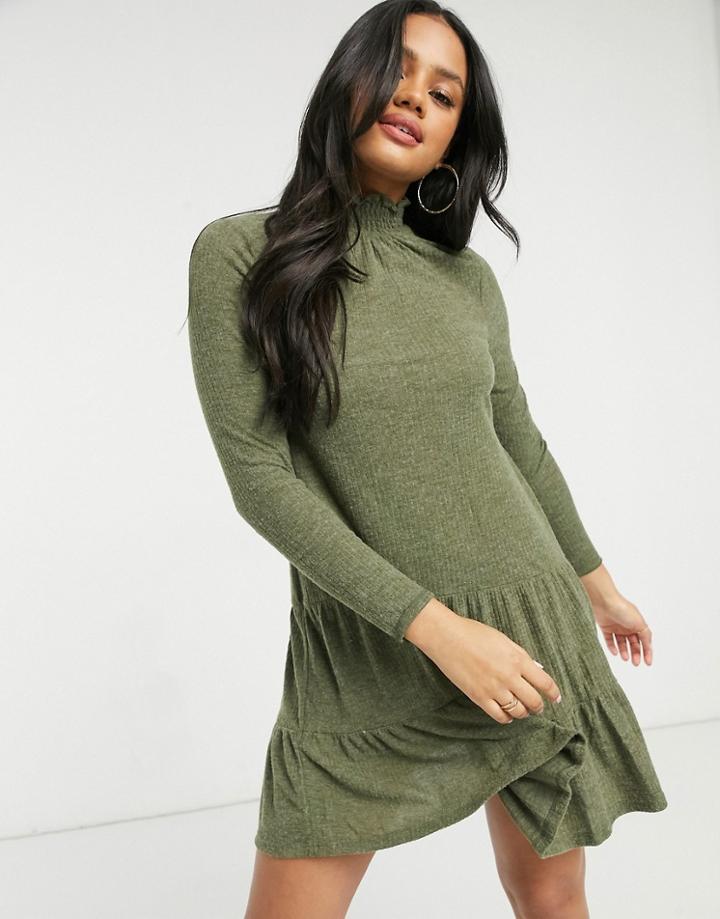 Miss Selfridge Tiered Smock Dress In Khaki-green