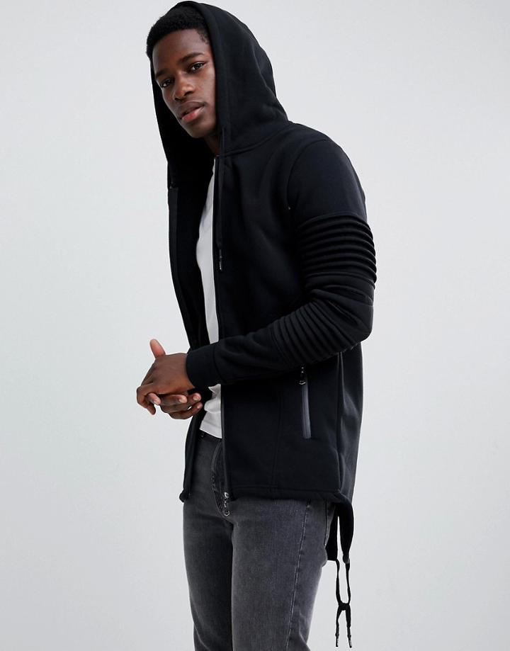 Brave Soul Zip Through Long Line Arm Ribbed Hoodie - Black
