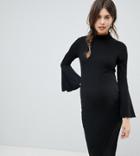 Asos Design Maternity Midi Bodycon Dress With Flared Sleeves - Black