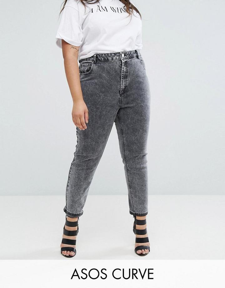Asos Curve Farleigh High Waist Slim Mom Jeans In Moon Black Acid Wash - Black