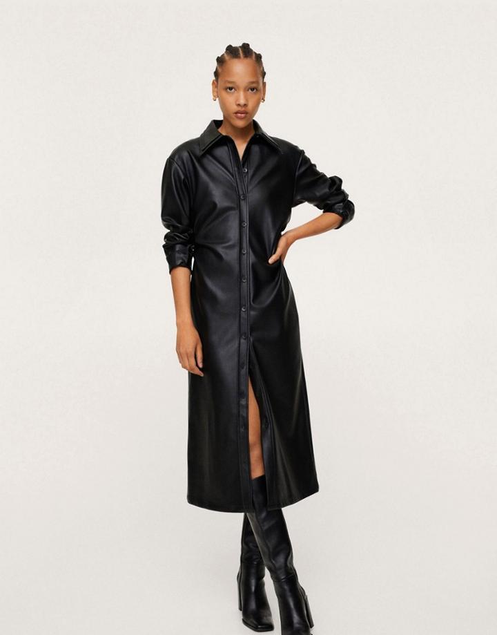 Mango Faux Leather Button Front Shirt Dress In Black