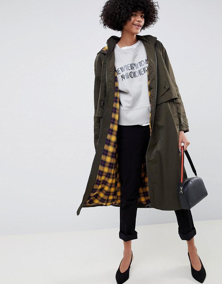 Asos Design Wax Look Fisherman Parka With Check Liner - Green