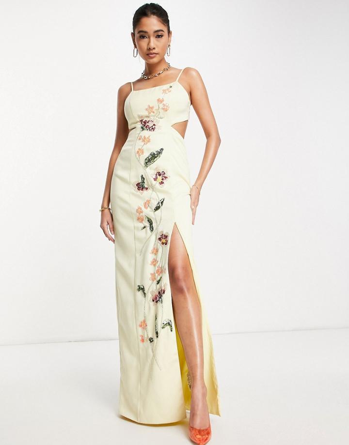 Asos Design Cami Structured Maxi Dress With Trailing Floral Embellishment-yellow