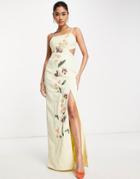 Asos Design Cami Structured Maxi Dress With Trailing Floral Embellishment-yellow