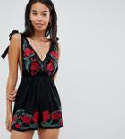 Asos Design Tall Western Floral Embroidered Plunge Beach Romper - Black