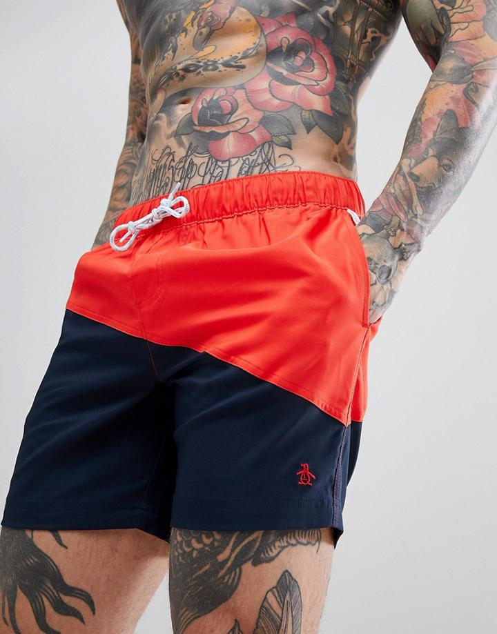 Original Penguin Cut & Sew Color Block Swim Shorts Slim Fit In Red/navy - Red