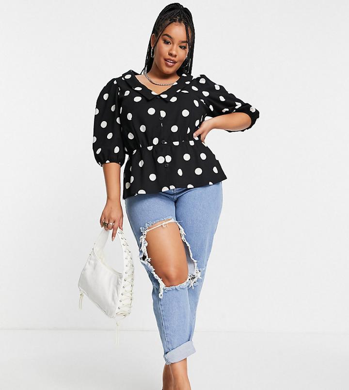 Asos Design Curve Textured Stretch Blouse In Mono Spot-multi