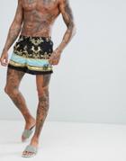 Siksilk Swim Shorts In Black And Gold Print - Black