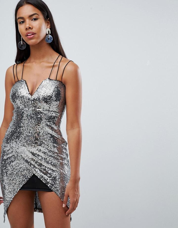 Rare London Asymmetric Sequin Mini Dress - Silver