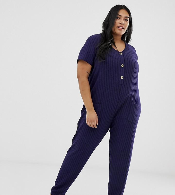 Asos Design Curve Lounge Super Soft Rib Button Jumpsuit-navy