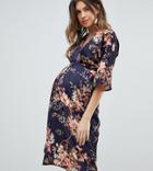 Hope & Ivy Maternity Kimono Sleeve Midi Dress With Tie Belt Detail In Floral Print - Multi