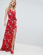 Prettylittlething Floral Side Split Maxi Dress - Red