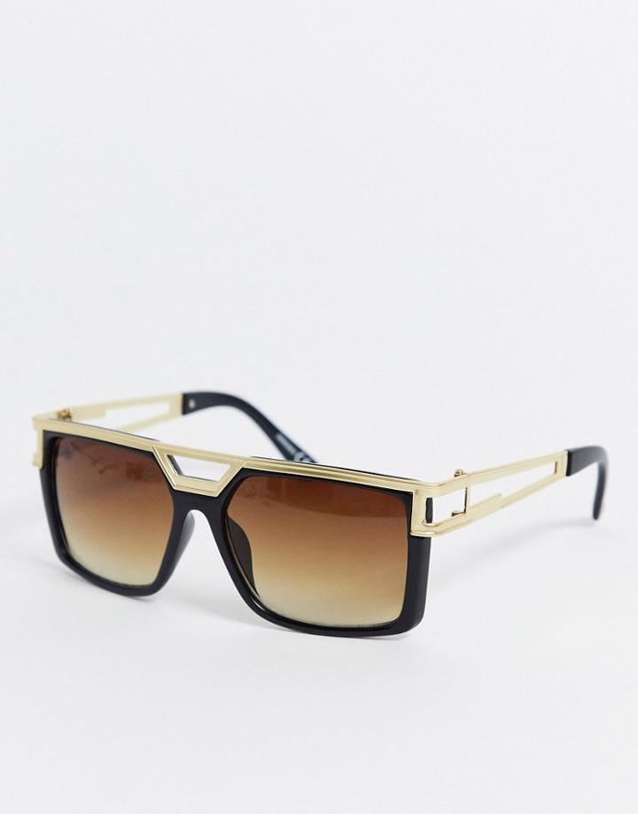 Asos Design Flat Brow Navigator In Matte Black With Gold Brow And Arm Detail