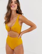 Monki Bubble Rib Cut Out Swimsuit In Deep Yellow - Yellow