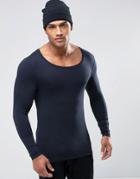 Asos Extreme Muscle Long Sleeve T-shirt With Scoop Neck In Navy - Navy