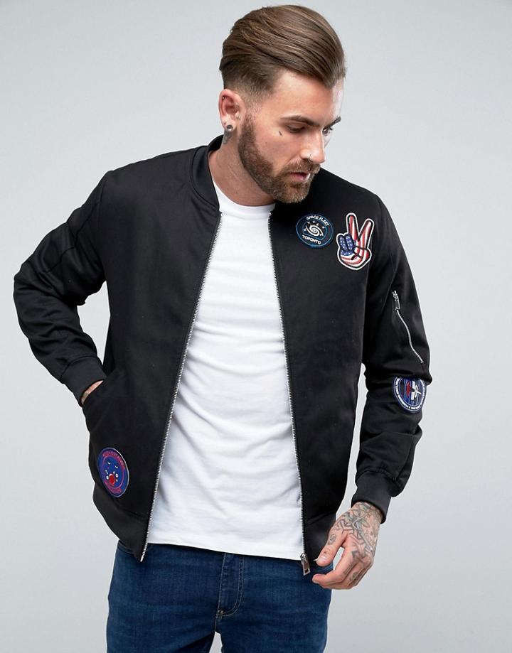 Asos Cotton Bomber Jacket With Badges In Black - Black