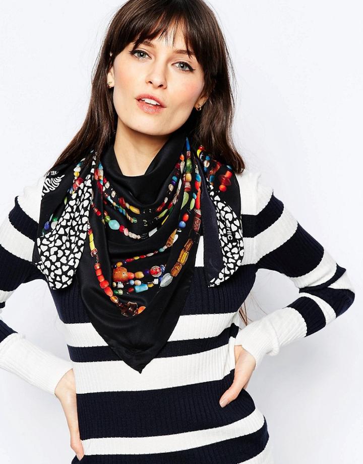 Moschino Silk Square Scarf With Necklace Print - Black
