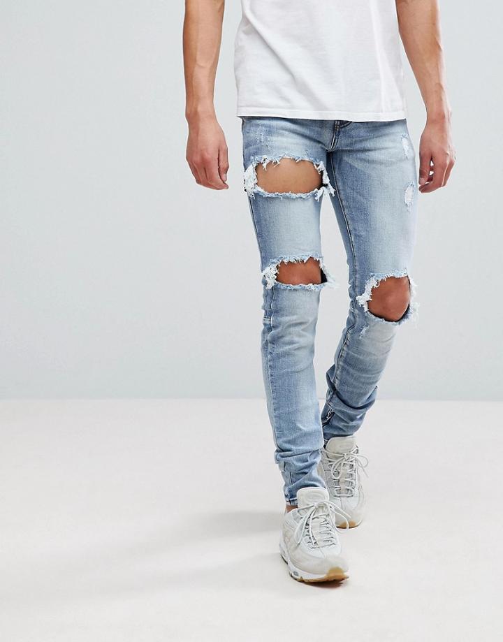 Sixth June Super Skinny Jeans In Midwash Blue With Distressing And Tab - Blue
