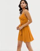 Asos Design Cami Wrap Mini Dress With Tie Waist - Yellow