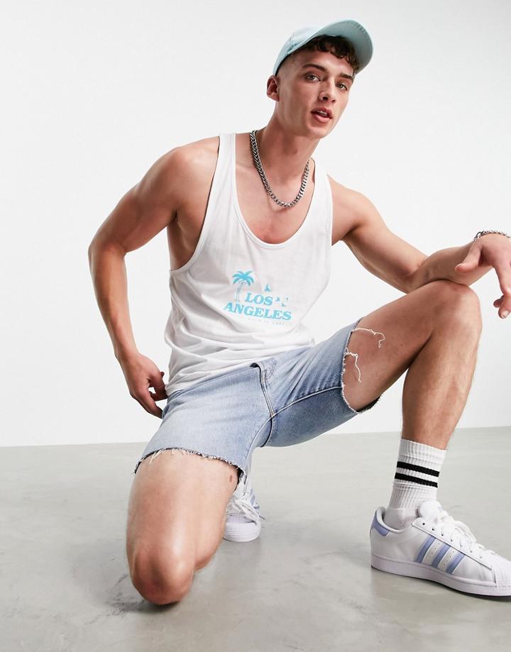 Asos Design Racer Back Tank Top In White With Los Angeles City Print