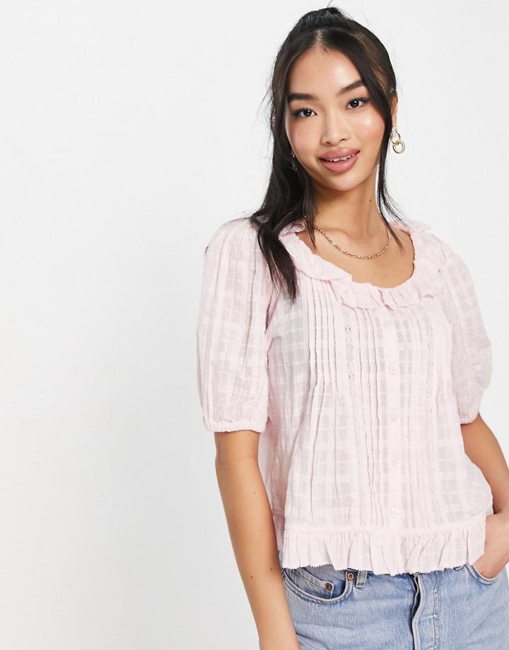 & Other Stories Cotton Frill Neck Blouse In Peach-pink