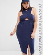 Lavish Alice Plus Cross Neck Cut Out Detail Halter Pencil Dress - Navy