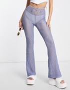 Asos Design Crochet Sheer Flare Pants With Ring Detail In Blue