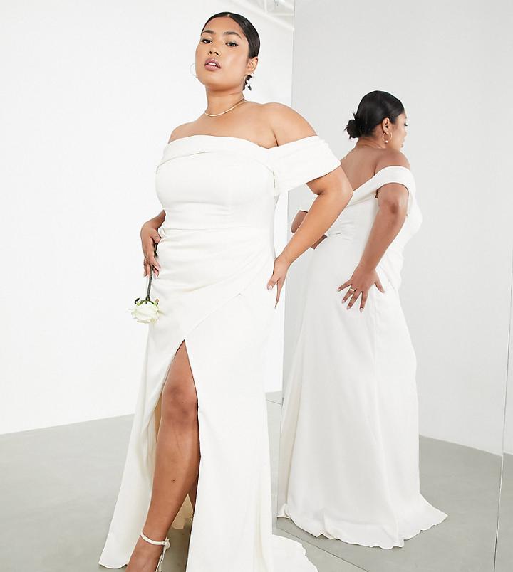 Asos Edition Curve Beatrice Bardot Drape Wedding Dress-white