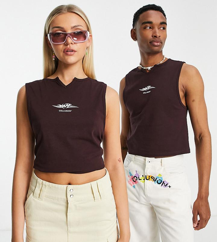 Collusion Unisex Notch Neck Tank Top In Brown