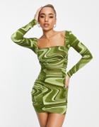 Asos Design Long Sleeve Ruched Cowl Front Mini Dress In Green Swirl Print-multi