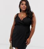 Asos Design Curve Linen Wrap Mini Sundress With Wooden Rings-black