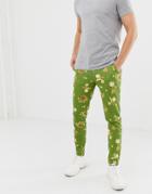 Asos Design Skinny Joggers In Retro Track Fabric With Floral Print In Green - Green