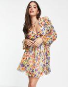 Asos Design Ruffle Mini Dress In Vintage Floral With Lace Up Back-multi
