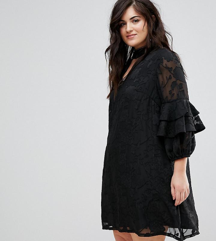 Lovedrobe Ruffle Sleeve Shift Dress In Burnout Floral - Black