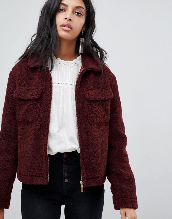Barney's Originals Trucker Jacket In Teddy Faux Fur - Red