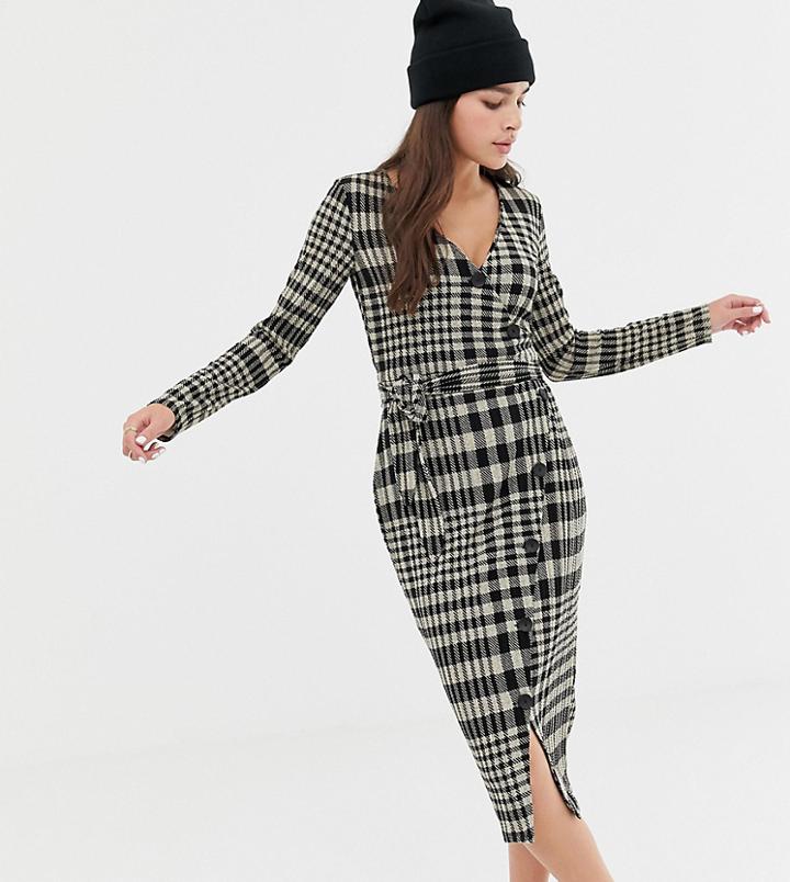 Bershka Check Button Midi Wrap Dress-multi