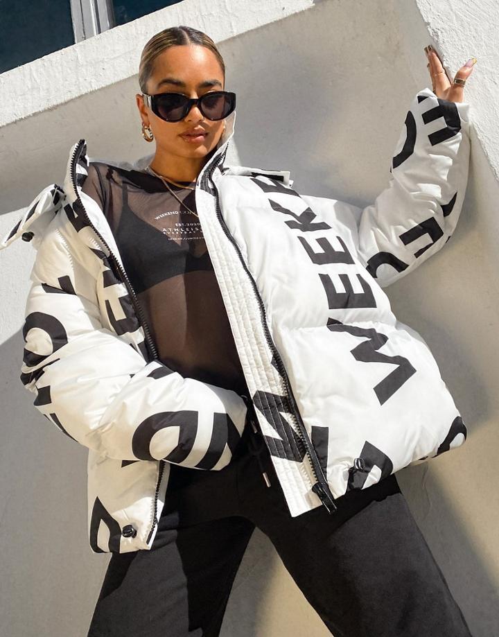 Asos Weekend Collective Oversized Puffer Coat In White Monogram Print-multi