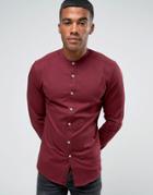 Asos Skinny Twill Shirt With Grandad Collar In Burgundy - Red