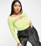 Missguided Plus Slinky Long Sleeve Cut Out Top With Twist Detail In Lime-green