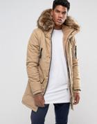 Sixth June Parka Jacket In Stone With Oversized Faux Fur Hood - Stone