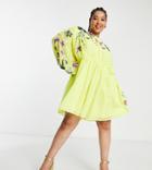 Asos Edition Curve Blouson Sleeve Mini Dress With Embroidered Bodice In Yellow