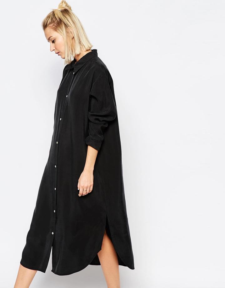 Weekday Long Cupro Shirt Dress - Black