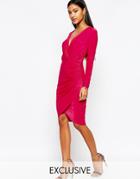 Club L Wrap Front Assymetric Skirt Detail Midi Dress - Super Hot Pink