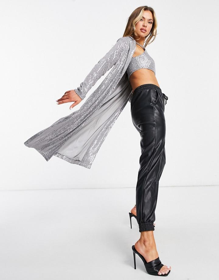 Asos Design Jersey Sequin Longline Suit Jacket-silver