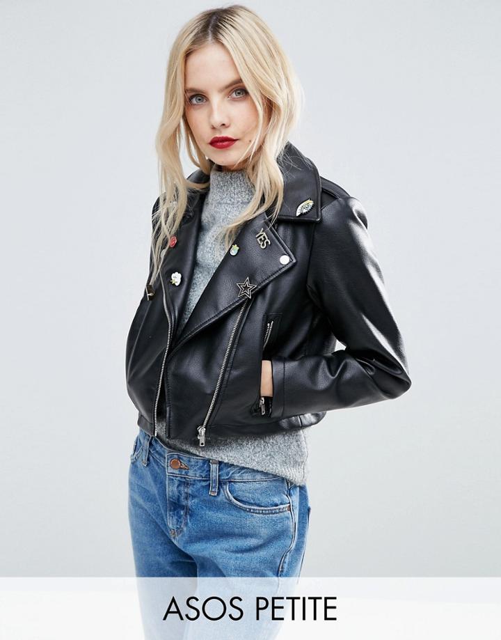 Asos Petite Ultimate Leather Look Biker Jacket With Pin Badge Detail -