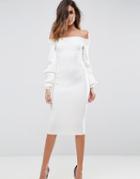 Asos Premium Off Shoulder Midi Dress With Full Sleeve - Cream