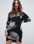 Religion Long Sleeve Tunic Dress In Bird Print - Black