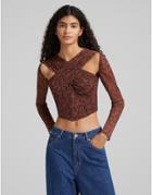 Bershka Cross Neck Detail Cut Out Long Sleeve Top In Brown